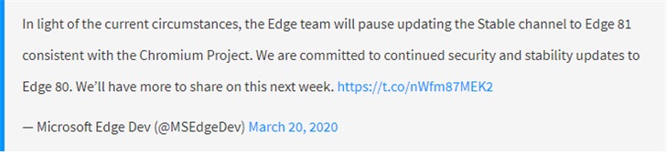 微软宣布Chromium版Edge浏览器暂停更新