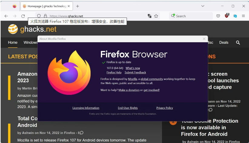 火狐浏览器 Firefox 107 稳定版发布